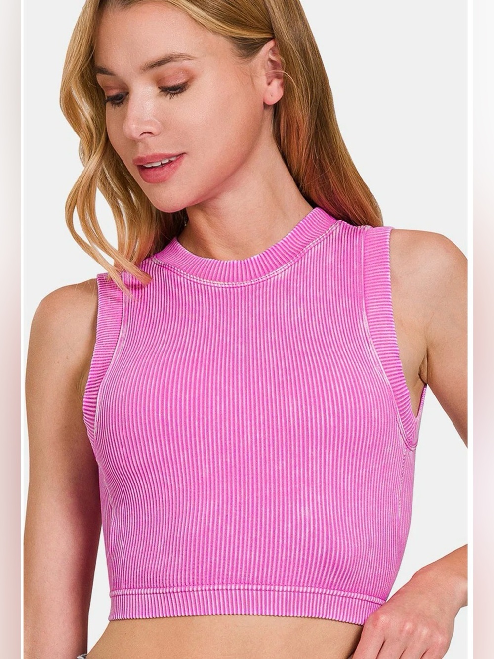 High-Neck Ribbed Pink Crop Tank Top for Women with Bra Pads S/M or L/XL